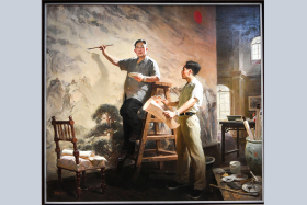 此次全国美展金奖作品之一，吕鹏的油画作品《山河颂》，描绘了中国著名艺术家傅抱石和关山月在1959年共同创作《江山如此多娇》的场面。.jpg