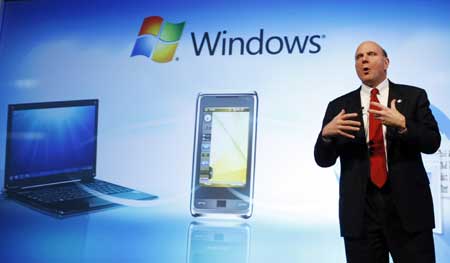Microsoft CEO Steve Ballmer speaks during a news conference at Mobile World Congress in Barcelona, Feb. 16, 2009.