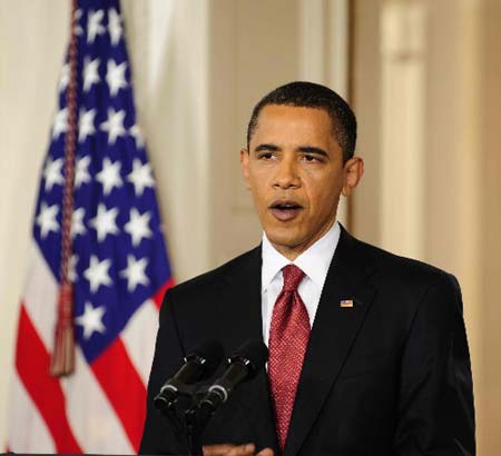 U.S. President Barack Obama delivers a speech during his second prime time news conference at the White House in Washington, March 24, 2009. (Xinhua/Zhang          Yan)